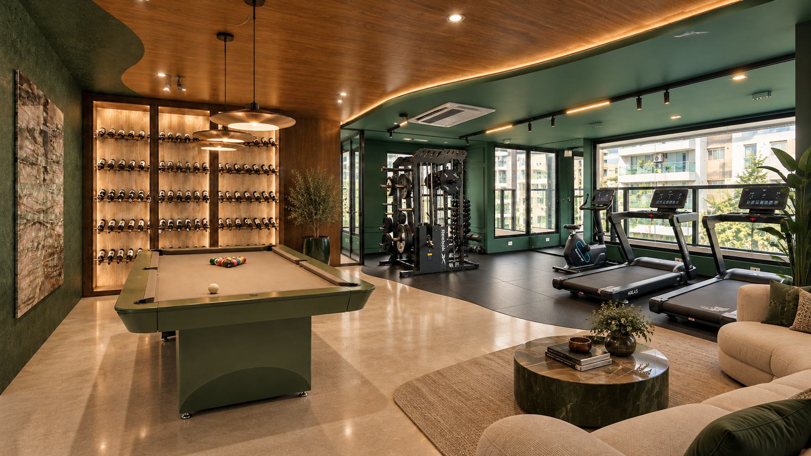 Lounge com mesa de sinuca e área fitness